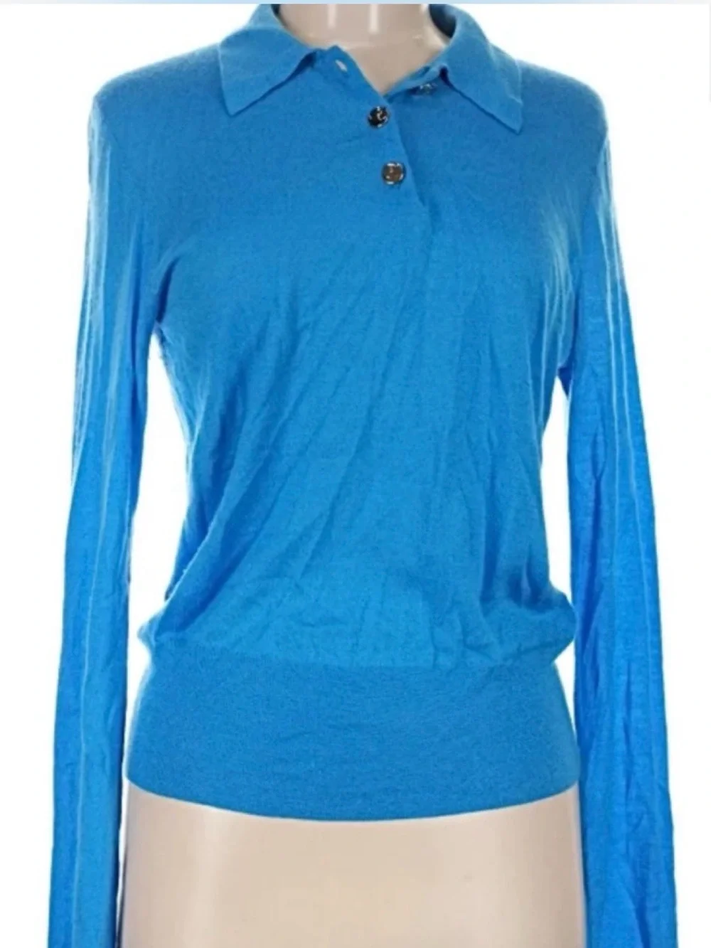 Tory Burch 100% cashmere Bright Blue Long-Sleeve Polo Knit Top